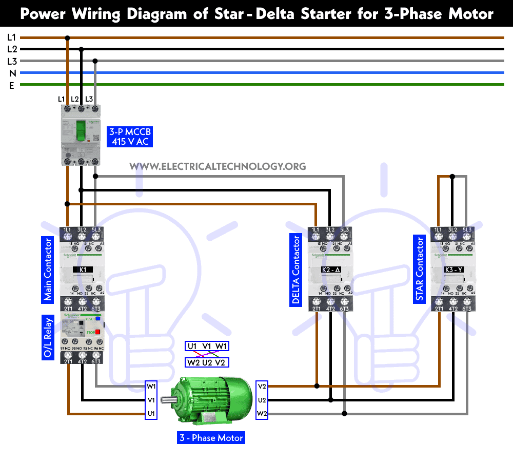 Power Wiring Diagram of Star-Delta Starter for 3-Phase Motors