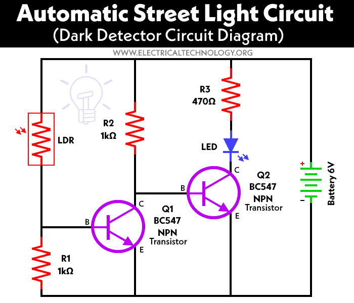 Dark Detector Circuit for Automatic Street Light Control using BC547 Transistor and LDR