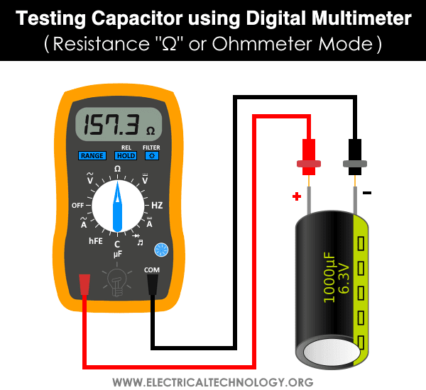 Testing Capacitor using Digital Multimeter - Resistance Ω or Ohmmeter Mode