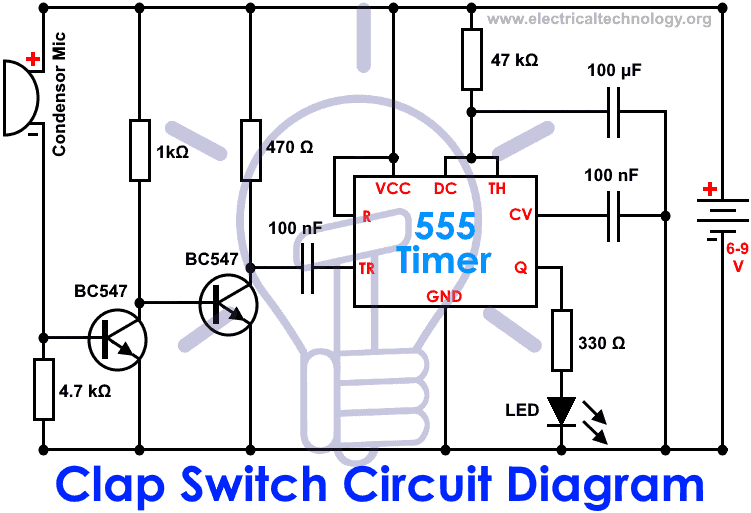 Clap Switch Circuit Using IC 555 Timer & Without Timer