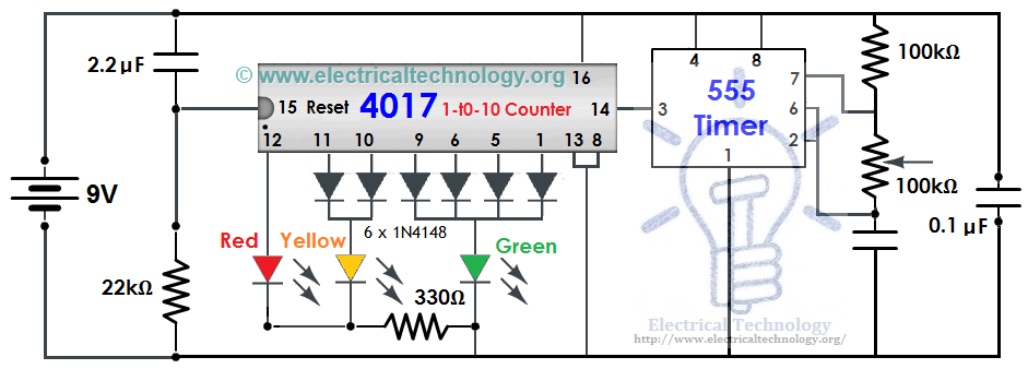 Traffic Light Control Electronic Project Using 4017 555 Timer