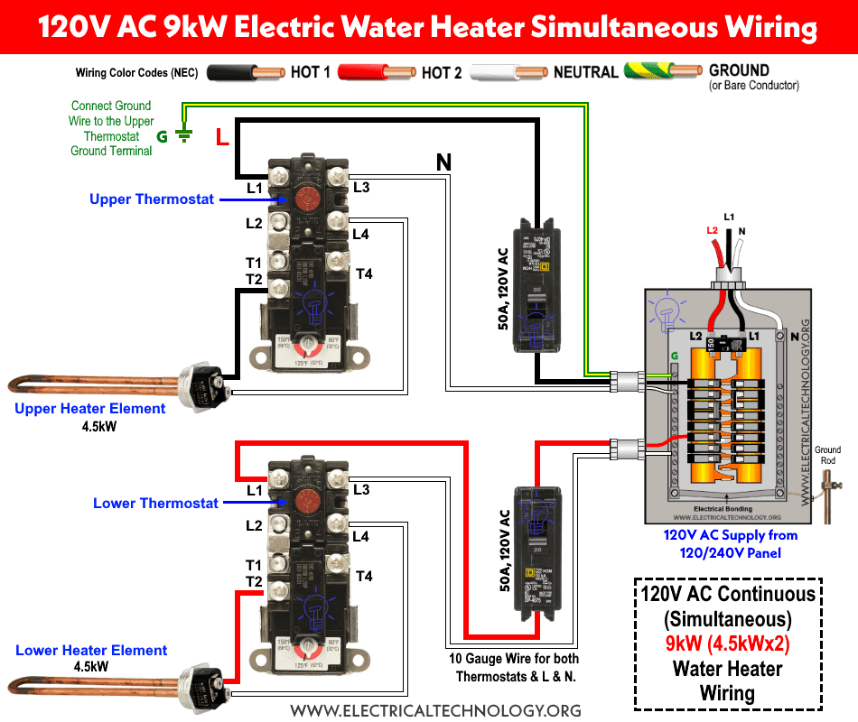 120V AC 9kW Electric Water Heater Dual Elements Simultaneous Wiring