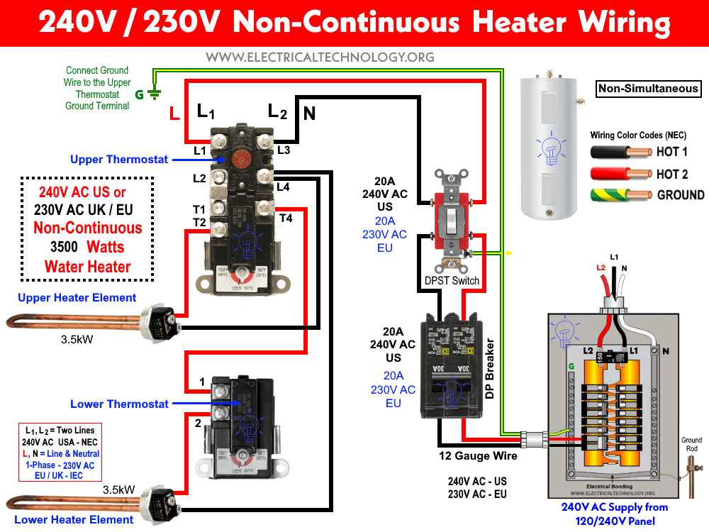 How To Wire 240v 230v Water Heater Thermostat Non Continuous