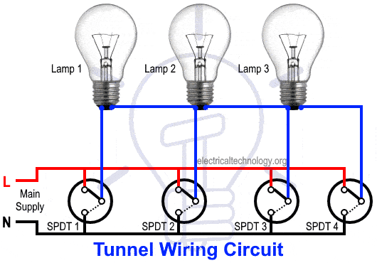 Tunnel Wiring Circuit for Light Control using Switches animation