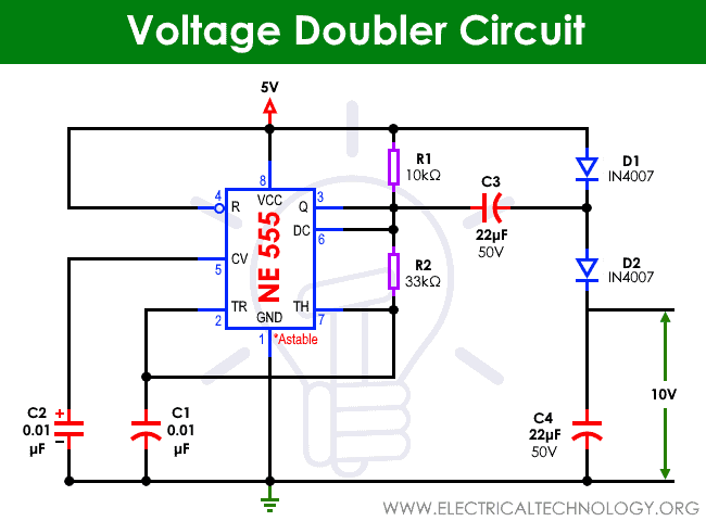 Basic Voltage Doubler Circuit Diagram Using 555 Timer IC Basic Voltage Doubler Circuit Diagram Using 555 Timer IC