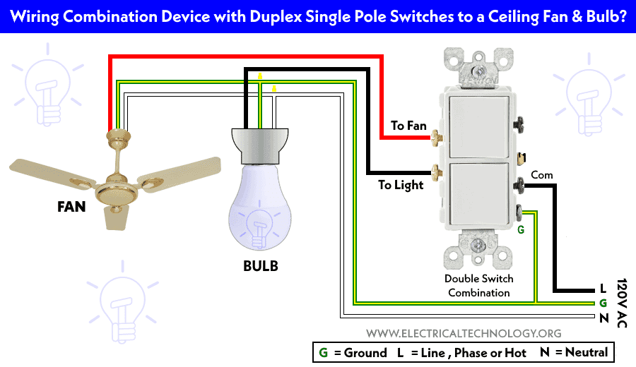 Wiring Combination Device with Duplex Single Pole Switches to a Ceiling Fan & a Light Bulb