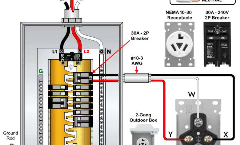 Wiring 30A - 125/250V NEMA 10-30 Receptacle